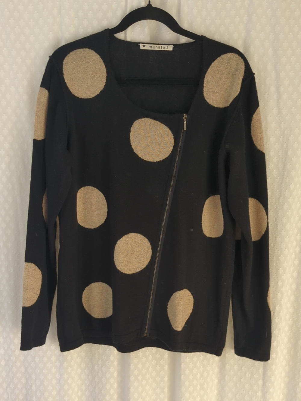 Mansted Black Wool Sweater Tan Polka Dots and Asymmetrical Zipper Women's XL